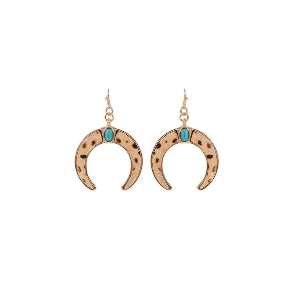 Cow Print Bull Horn Earrings w/ Turquoise Stone Boho Statement Juliet NWT